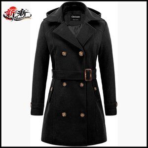 Double Breasted Pea Coat Hooded Long Winter Trench Coat